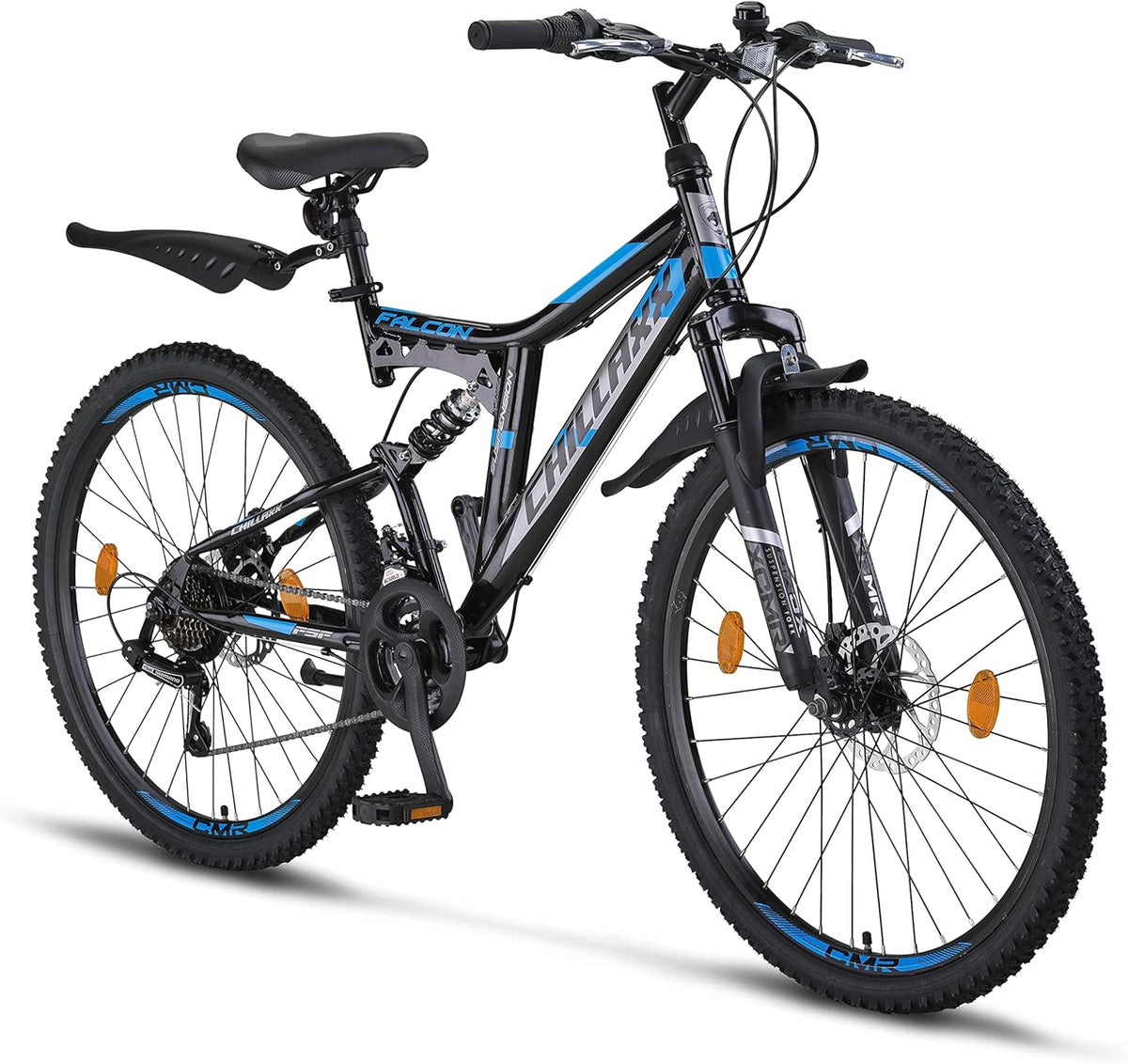 Chillaxx Falcon VTT adulte et jeunesse - Vélo montagne 26 pouces frein disque 21 vitesses - Suspension complète cadre acier pour hommes femmes