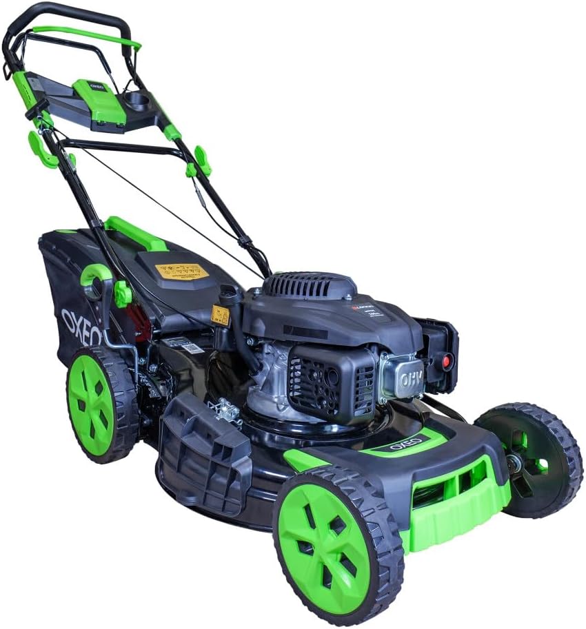 Oxeo - Tondeuse thermique autotractée moteur Loncin V200 196 cm3 - Verte largeur de coupe 53 cm poids 32,65 kg - Bac 65 L et hauteur réglable 25 à 75 mm