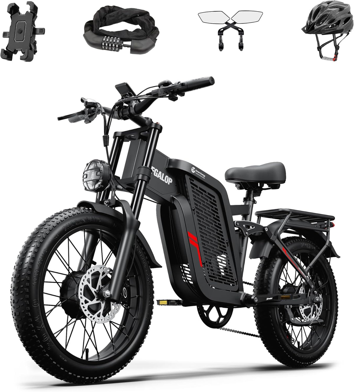 Vélo électrique adulte - VTT 20 pouces cadre aluminium noir double moteur - Batterie 52 V 24 Ah autonomie 45 à 90 km - 7 vitesses suspension intégrale et béquille