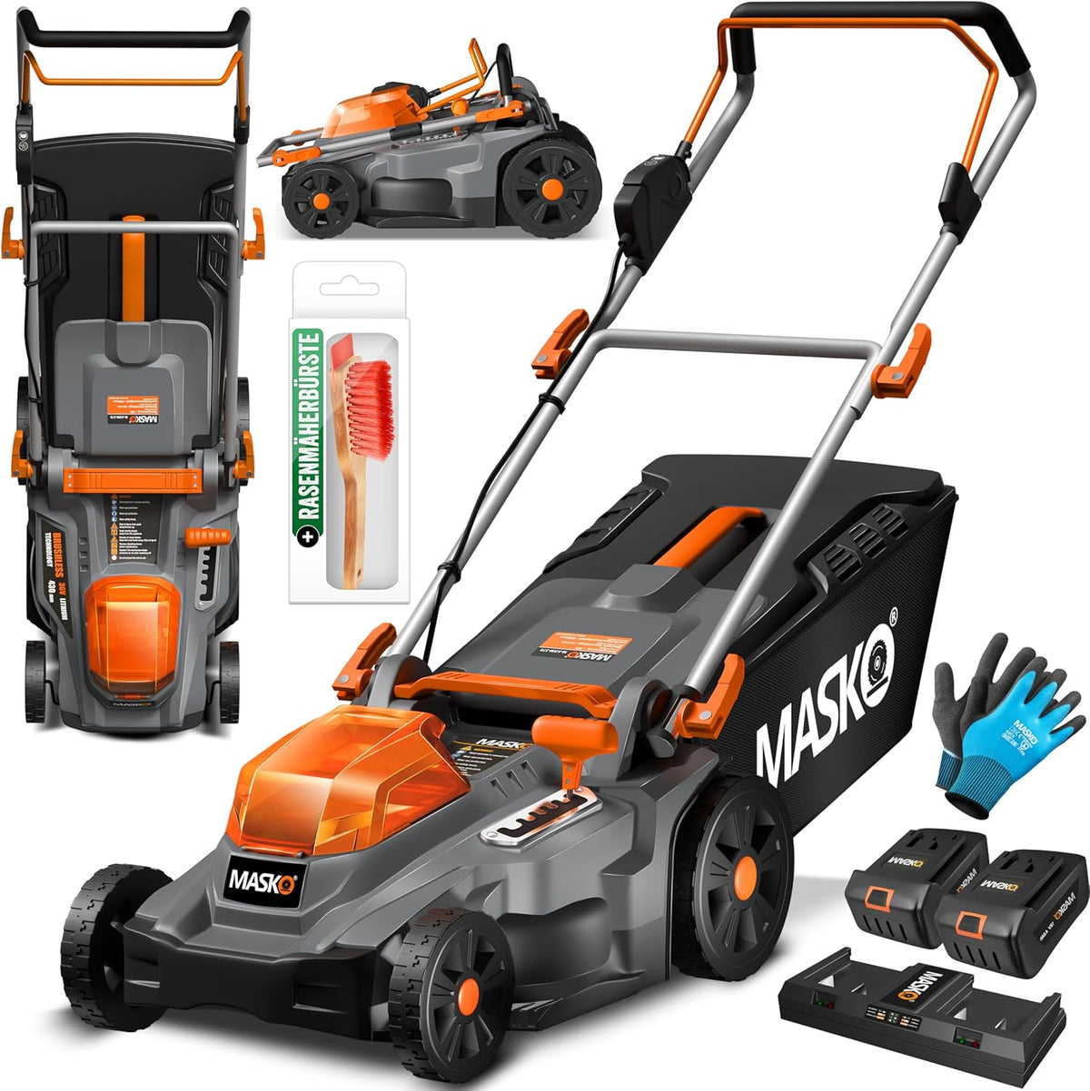 MASKO - Tondeuse à gazon sans fil grise largeur 37 cm pour surface jusqu'à 650 m2 - 6 hauteurs de coupe 25 à 75 mm bac 55 L - 2 batteries 4 Ah double chargeur et mulching