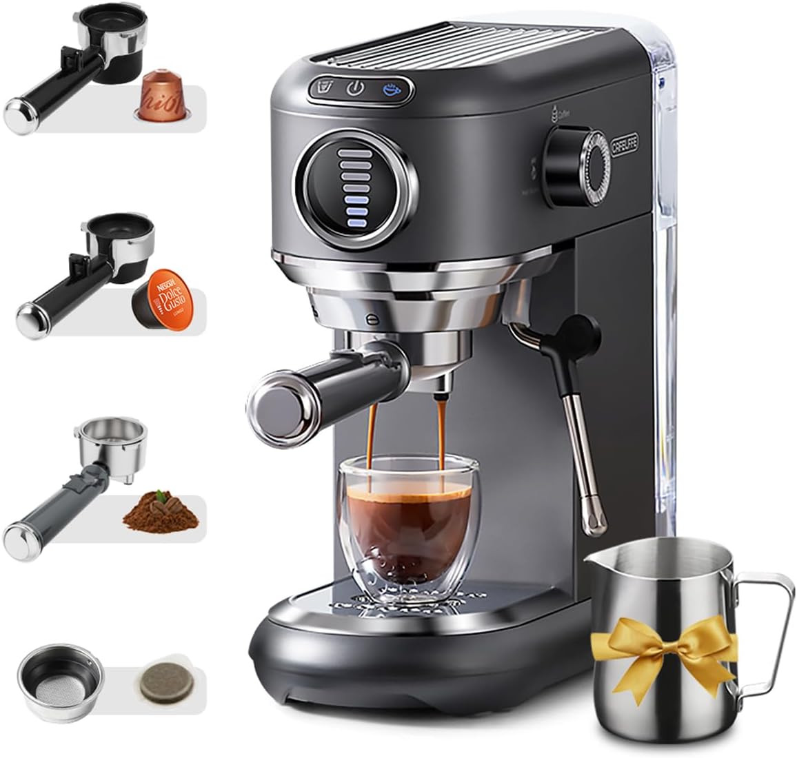 CAFELFFE MK 601F - Machine expresso 4 en 1 gris acier inoxydable - Réservoir 1,1 L pression 19 bar chaud et froid - Compatible dosettes Nes Original DG ESE et café moulu