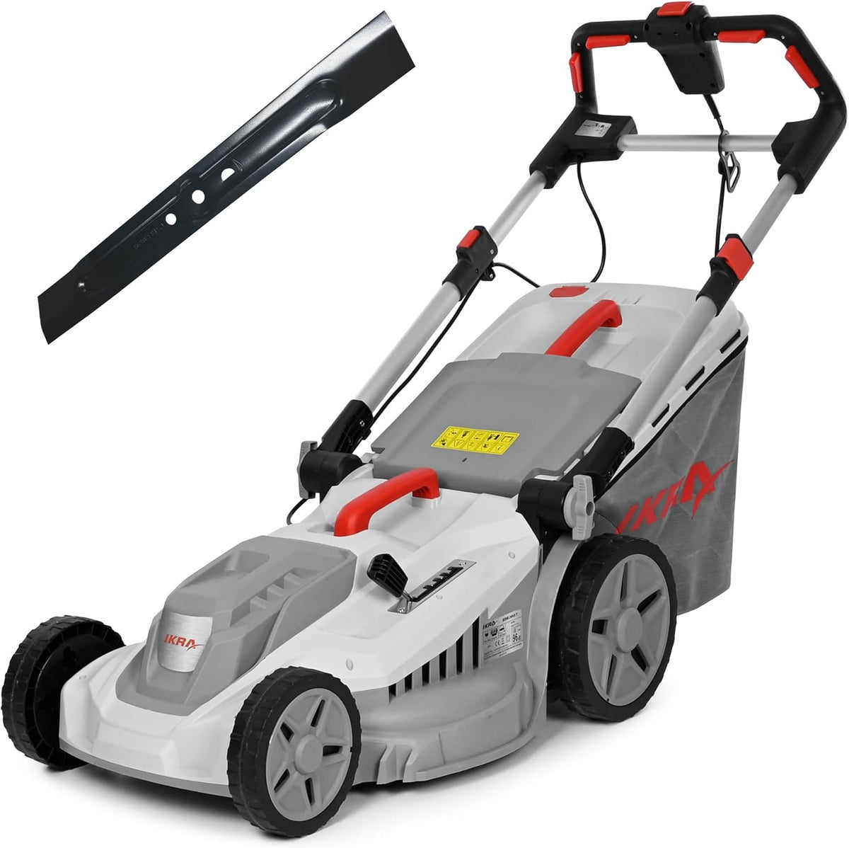IKRA IERM 2043 T - Tondeuse électrique filaire 2000 W largeur 43 cm - Rouge et gris hauteur de coupe 30 à 75 mm - Lame de rechange et kit mulching inclus