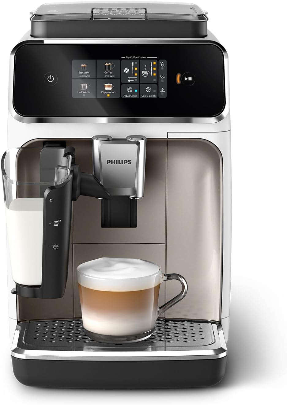 Philips Série 2300 EP2333 40 - Machine expresso automatique 4 boissons - Blanc et chrome broyeur céramique - Carafe LatteGo écran tactile coloré et SilentBrew