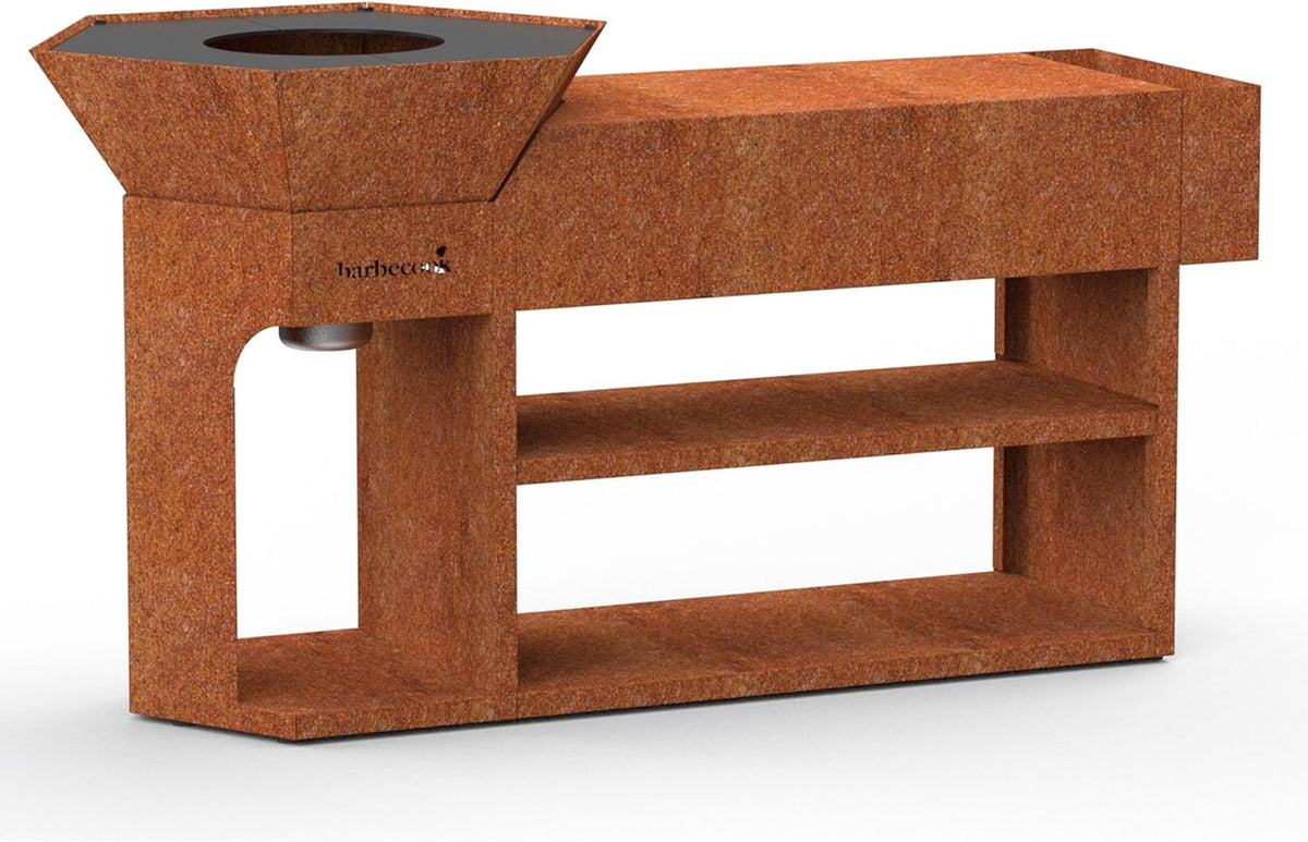 Barbecook Nestor Island Barbecue à bois extérieur - Brasero avec plancha acier Corten 190 x 82 x 100 cm - Barbecue multifonction avec plateau bambou