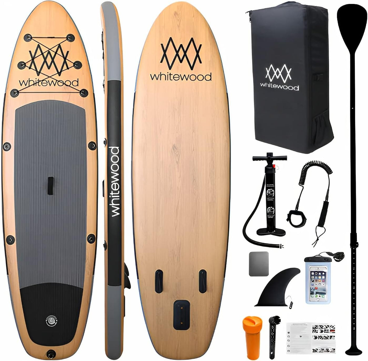 Whitewood Prime - Stand Up Paddle gonflable PVC EVA finition bois 335 x 85 x 15 cm - Charge maximale 200 kg pour plusieurs personnes - Sac pagaie pompe et sac téléphone