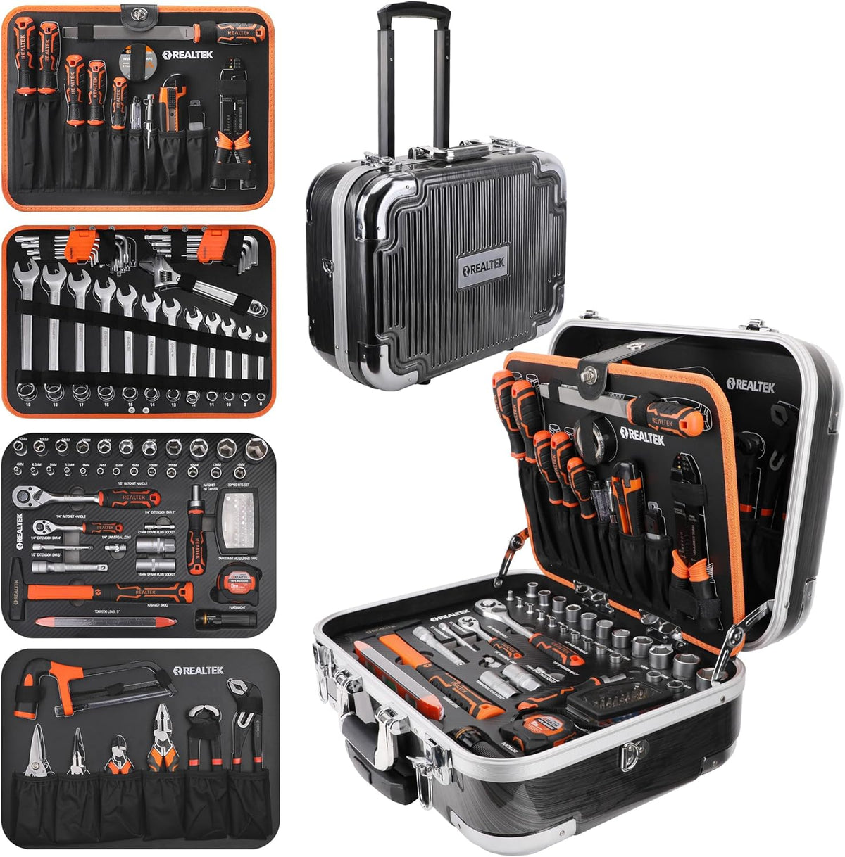 REALTEK - Mallette à outils complète 123 pièces - Acier aluminium noir et orange 34,5 x 20 x 47,5 cm - 4 compartiments avec douilles tournevis marteau et clés