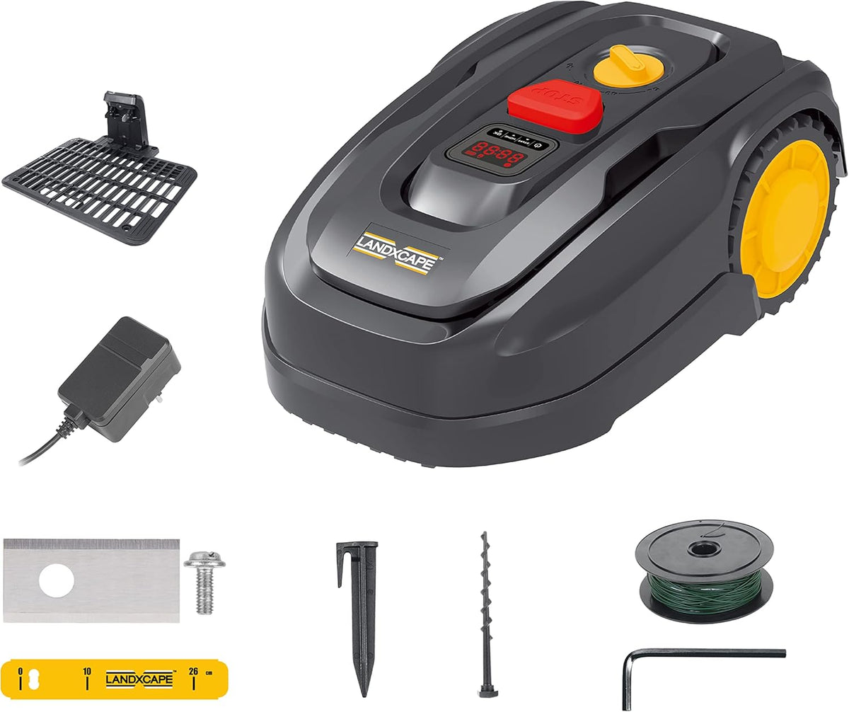LANDXCAPE LX796 - Robot tondeuse sans fil pour pelouse jusqu'à 400 m2 - Noir largeur de coupe 16 cm hauteur 20 à 50 mm - Mulching moteur Brushless et tonte automatique