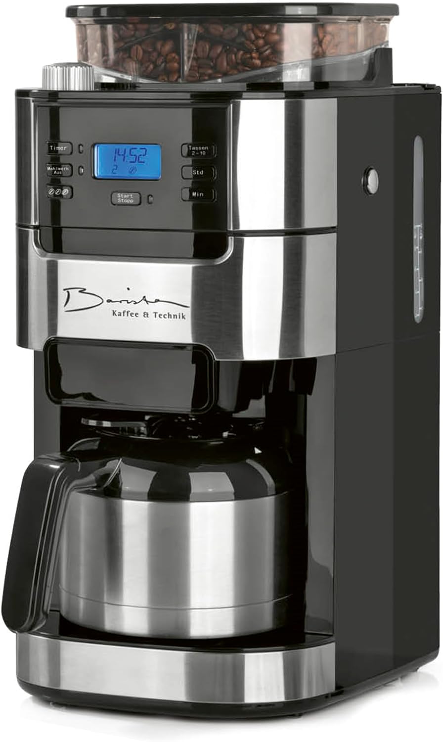 Barista - Cafetière filtre avec broyeur et verseuse isotherme 1 L - Argent aluminium écran digital - Jusqu'à 12 tasses avec minuterie programmable