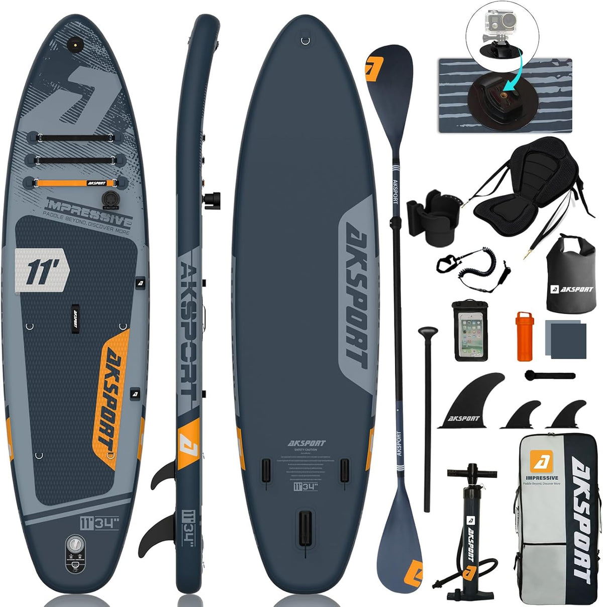 AKSPORT Paddle gonflable - Stand Up Paddle PVC noir et gris 335 x 86 x 15 cm - Modèle large stable pour débutants - Pont antidérapant et accessoires inclus