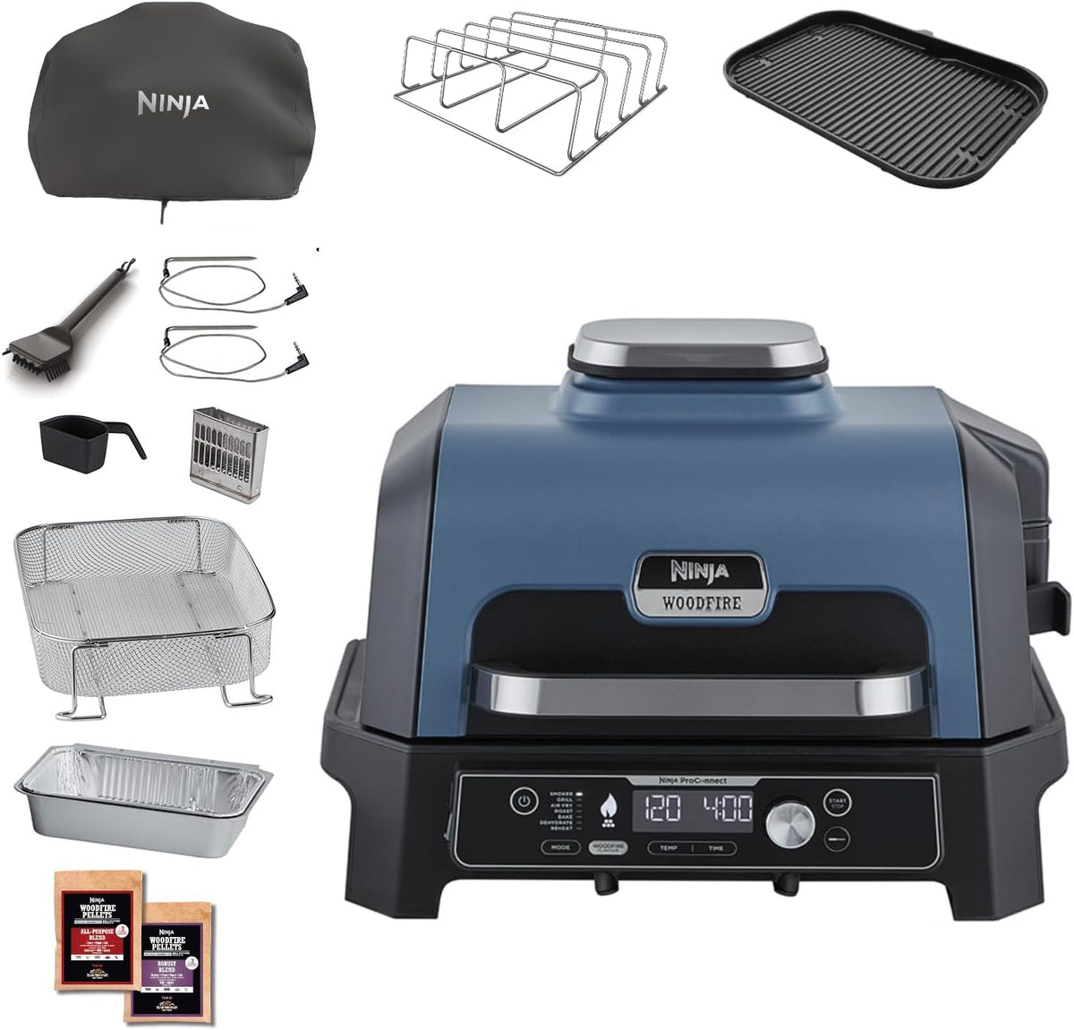 Ninja Woodfire Pro Connect XL - Barbecue électrique et fumoir 7 en 1 - Acier inoxydable bleu et noir 50,9 x 56,6 x 40,2 cm - Contrôle par application et 2 sondes