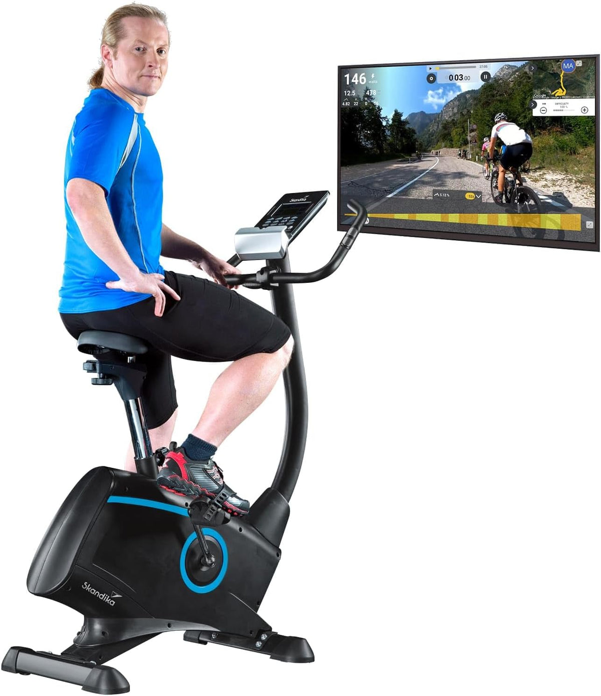 Skandika Atlantis - Vélo d'appartement magnétique noir mat - 32 niveaux et 15 programmes charge maximale 150 kg - Écran LED Kinomap et réglages selle guidon