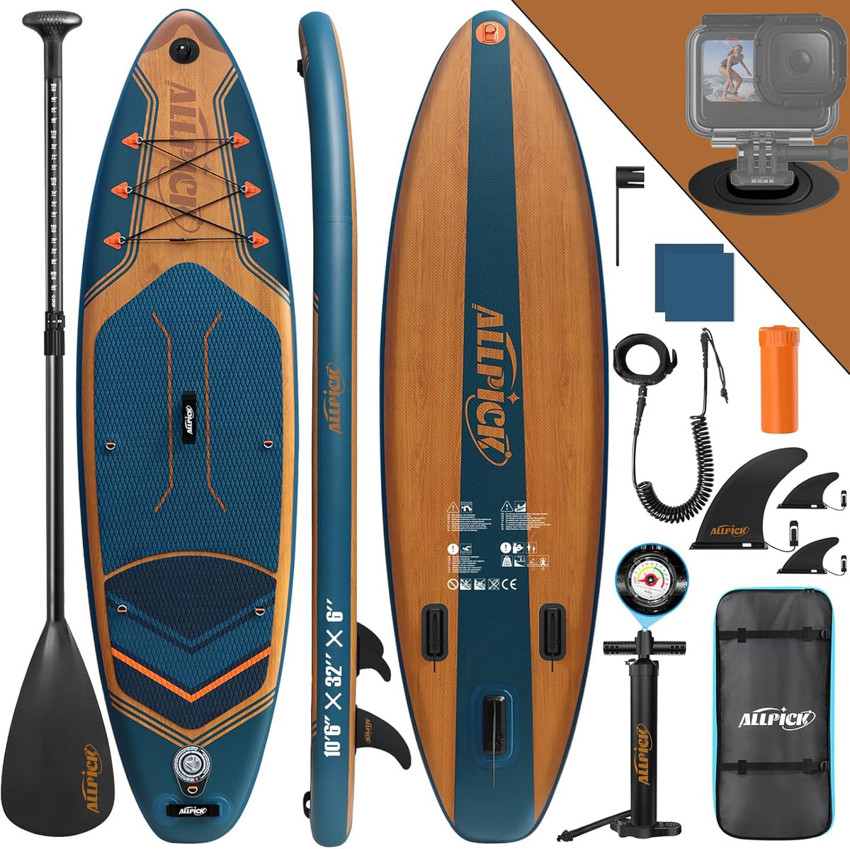 ALLPICK Planche Stand Up Paddle Gonflable SUP 320 cm - Kit paddle PVC avec pagaie réglable support caméra universel - Planche adulte débutants et confirmés charge 200 kg