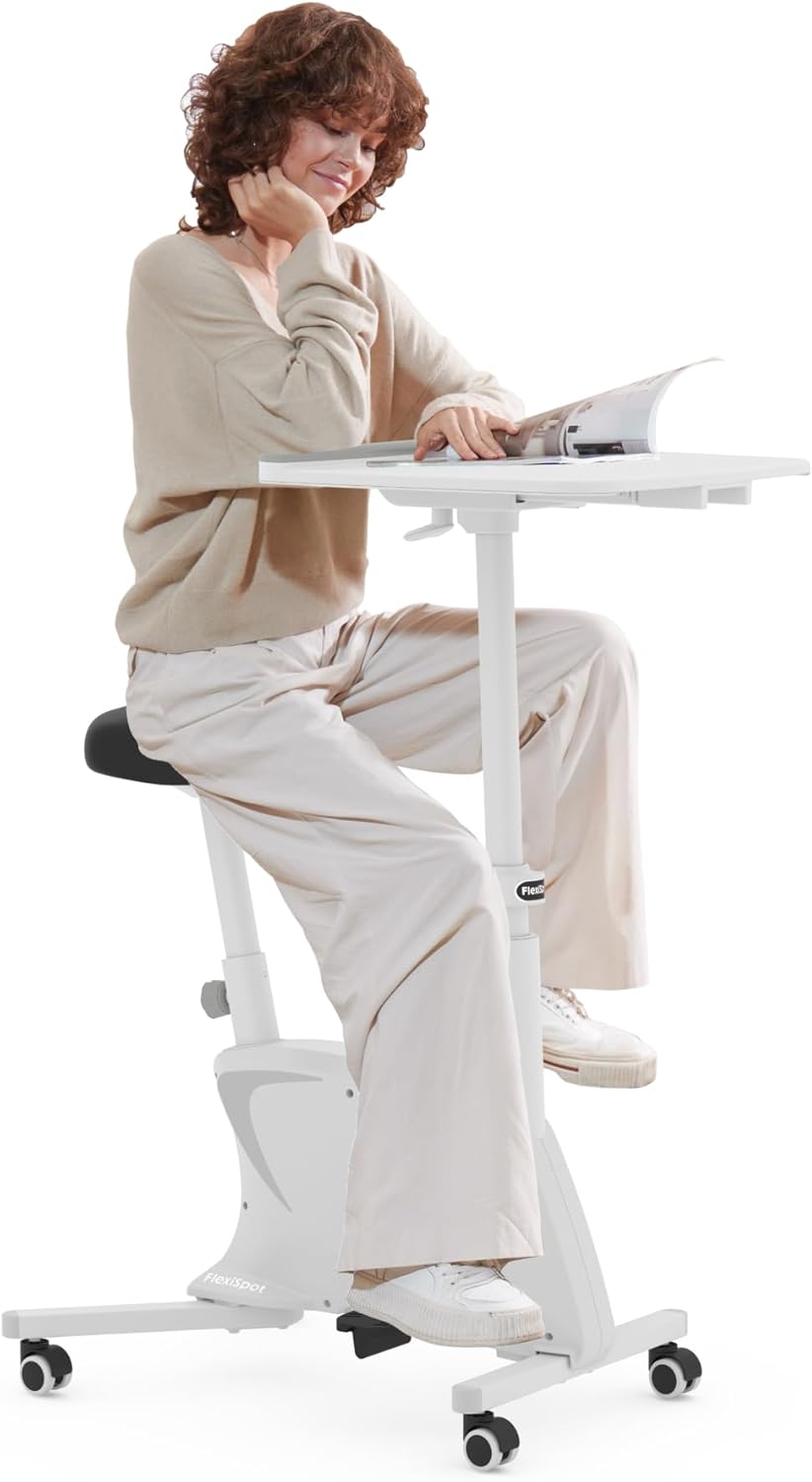 FlexiSpot V9 Lite - Vélo d'appartement avec tablette résistance magnétique - Blanc 95,5 x 59 x 119 cm charge maximale 100 kg - Hauteur réglable et fonctionnement silencieux