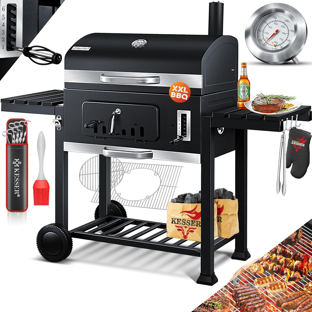 KESSER Chariot barbecue XXL au charbon de bois - Barbecue extérieur avec couvercle roues poignée acier inoxydable et thermomètre - Grande grille de cuisson noire