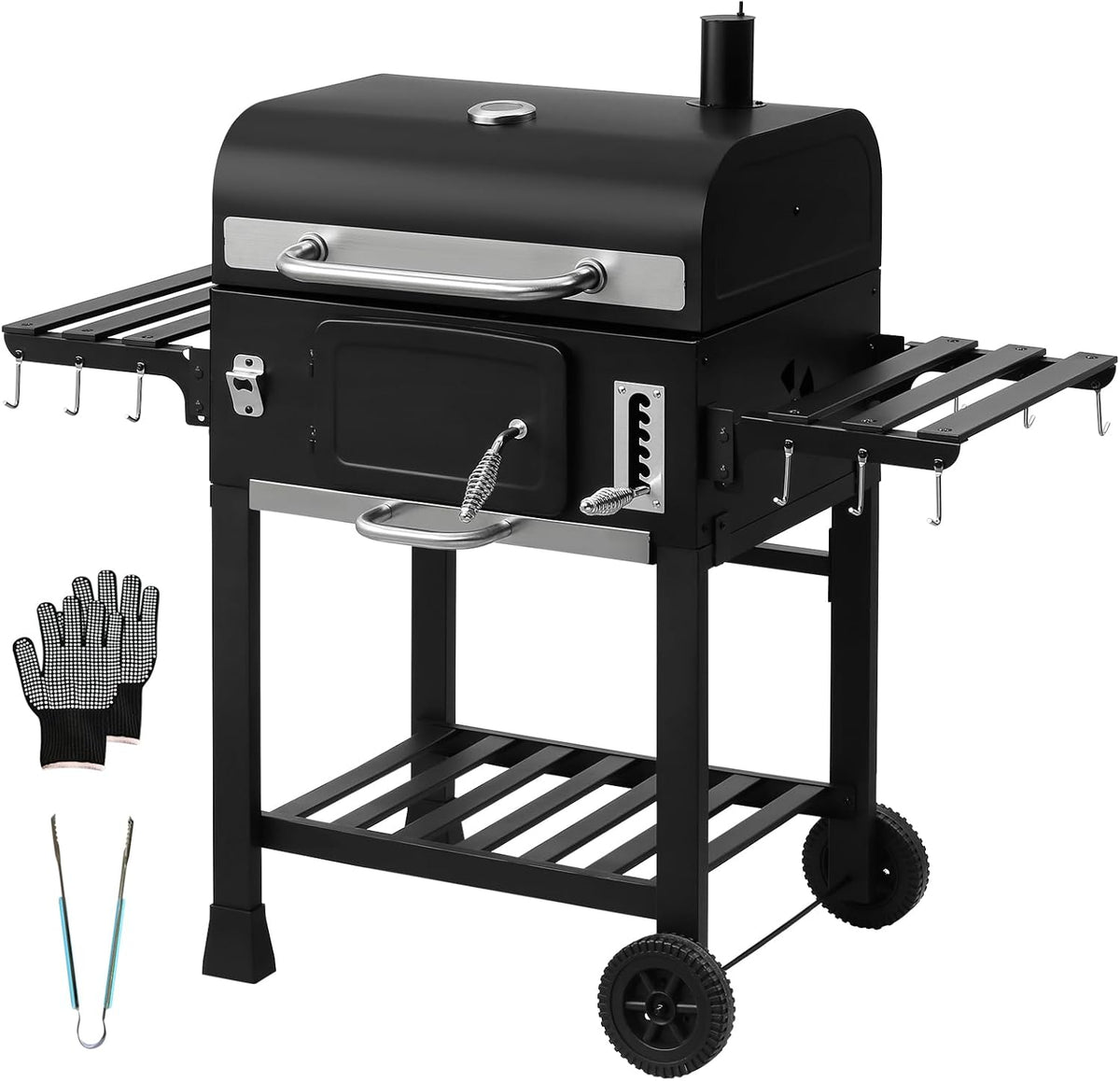 TEENO Chariot barbecue XXL au charbon de bois - Fumoir extérieur avec couvercle thermomètre et cheminée - Grand barbecue acier carbone avec accessoires de cuisson