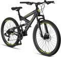 Licorne Bike Strong 2D - VTT adulte 27,5 pouces cadre acier carbone - Noir et vert citron 21 vitesses suspension intégrale - Freins à disque avant et arrière