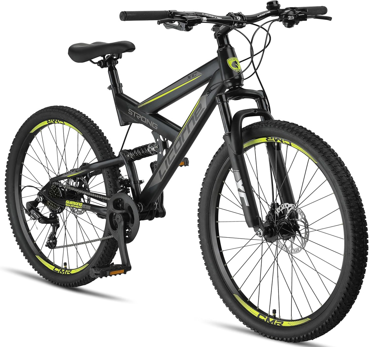 Licorne Bike Strong 2D - VTT adulte 27,5 pouces cadre acier carbone - Noir et vert citron 21 vitesses suspension intégrale - Freins à disque avant et arrière