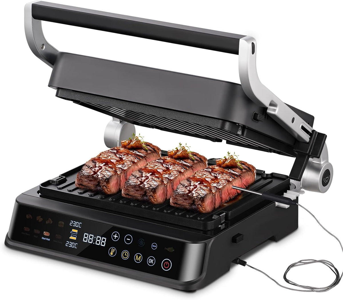 AMAZHEF Grill électrique multifonction 6 en 1 - Barbecue panini gaufrier avec plaques amovibles antiadhésives - Puissance 2000 W avec double thermostat et capteur température