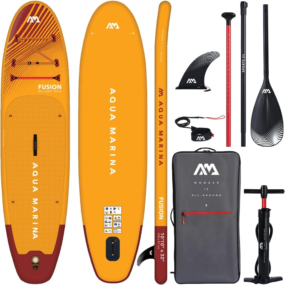 Aqua Marina Fusion iSUP Planche Paddle Gonflable 330 cm - Stand Up Paddle PVC adulte avec épaisseur 6 cm - Planche jaune Avant le coucher du soleil tous niveaux
