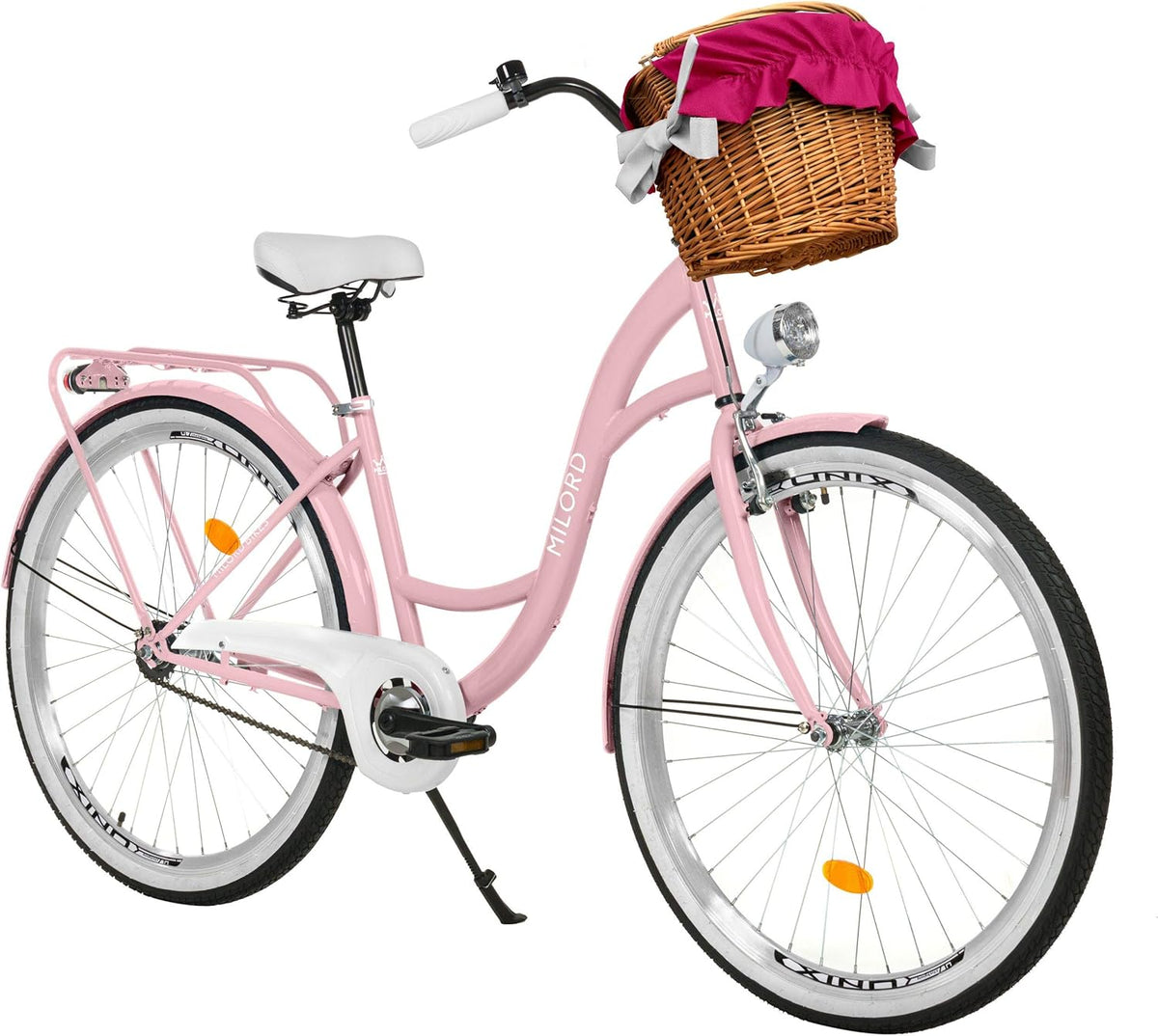 MILORD Vélo confort femme - Vélo de ville rétro 26 pouces cadre aluminium rose - 1 vitesse avec suspension arrière - Panier garde boue et porte bagages arrière