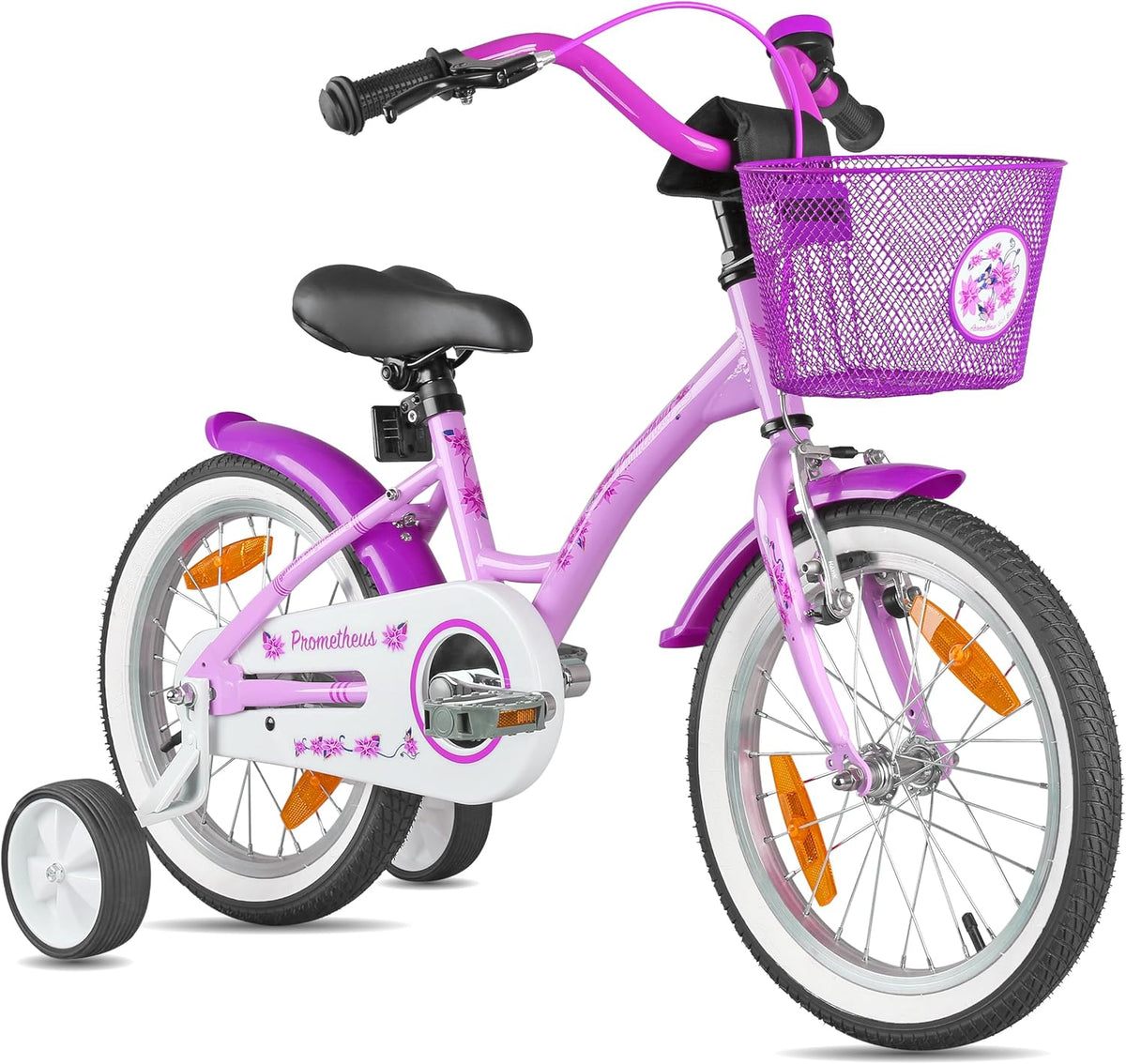 PROMETHEUS BICYCLES - Vélo enfant fille 16 pouces cadre acier - Violet 1 vitesse pour 4 à 5 ans - Panier stabilisateurs garde boue sonnette et réflecteur