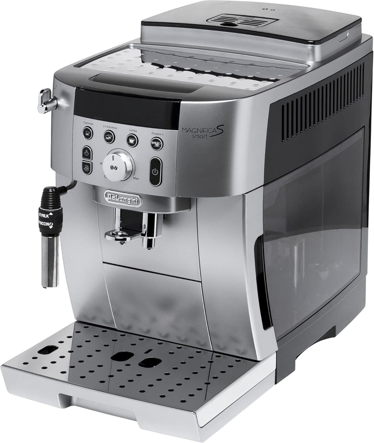De Longhi Magnifica S Smart ECAM250.31.SB - Machine à café automatique argent noir - Format 44 x 24 x 36 cm poids 9,2 kg - 4 recettes en une touche et mousseur à lait manuel