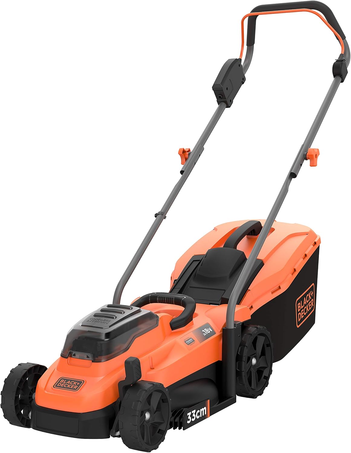 BLACK DECKER BCMW3318L2 QW - Tondeuse sans fil 18 V largeur 33 cm - Orange et noir pour jardin jusqu'à 350 m2 - Mulching 5 hauteurs bac 35 L et 2 batteries