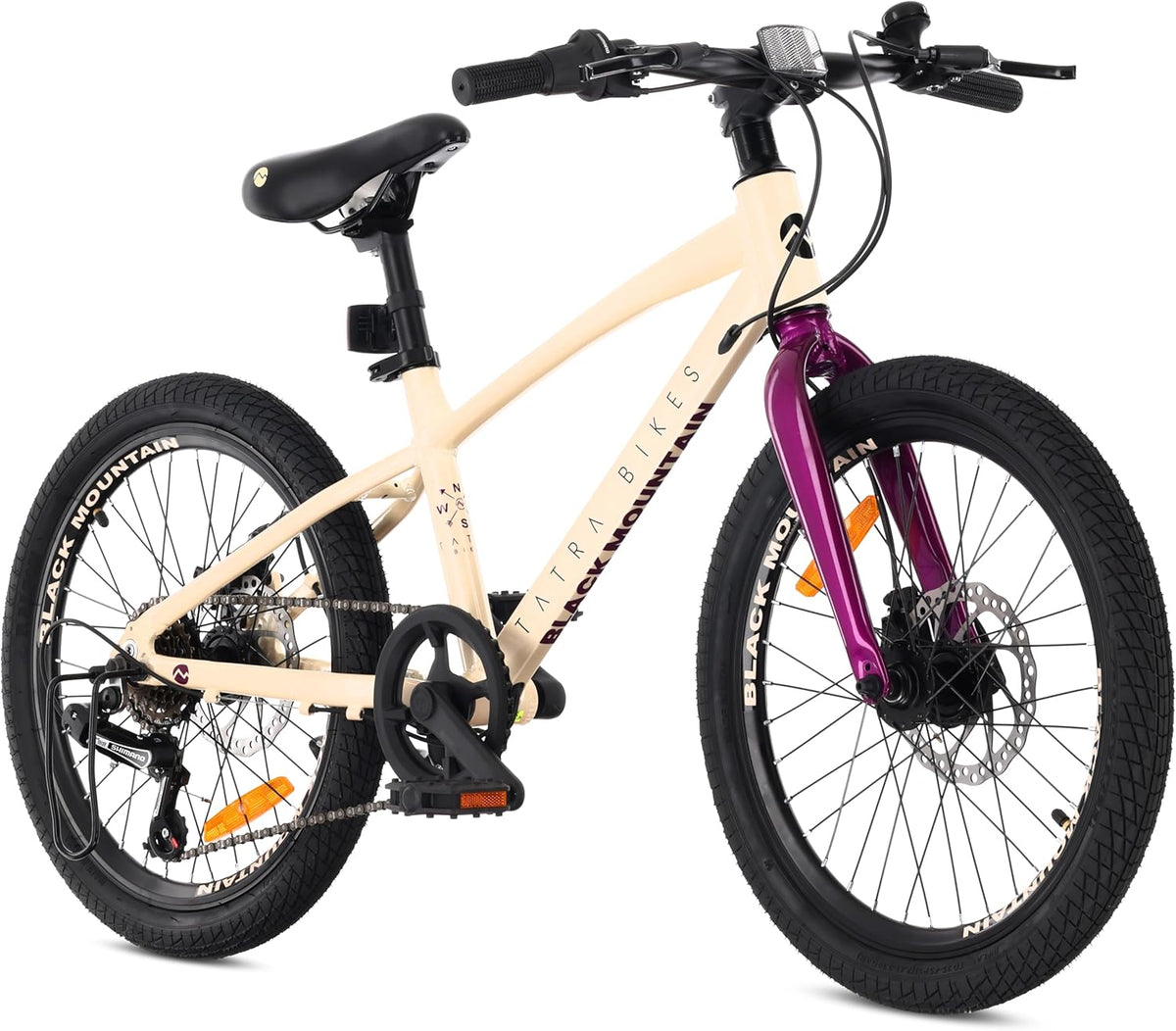 Tatra Bikes - Vélo enfant 20 pouces cadre aluminium violet crème - 6 vitesses pour 5 à 8 ans - Freins à disque sonnette repose pieds et réflecteurs