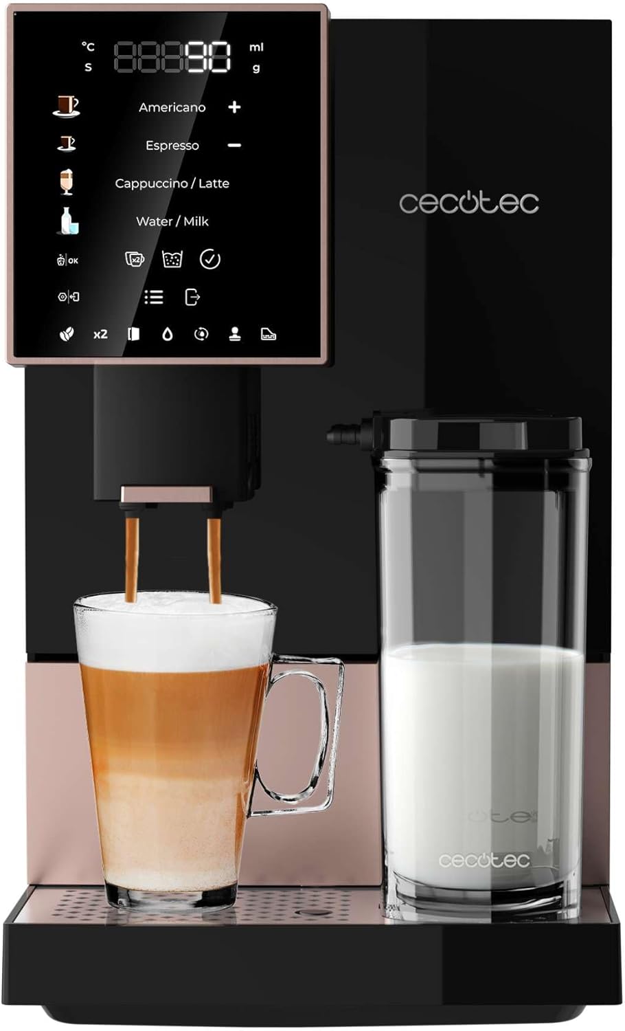 Cecotec Cremmaet Compactccino Black Rose Machine à café grains automatique - Espresso 19 bar Thermoblock - Moulin intégré et réservoir lait 400 ml