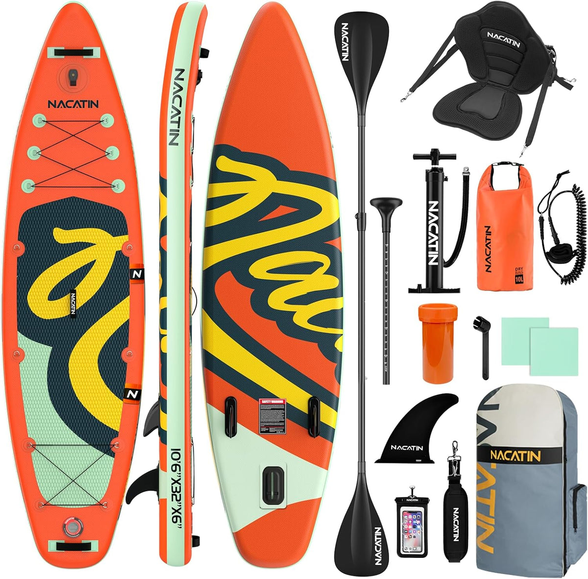 NACATIN Paddle gonflable adulte - Stand Up Paddle PVC finition Soleil épaisseur 15 cm - Charge maximale 200 kg pour tous niveaux - Pagaie pompe sac à dos et sac étanche