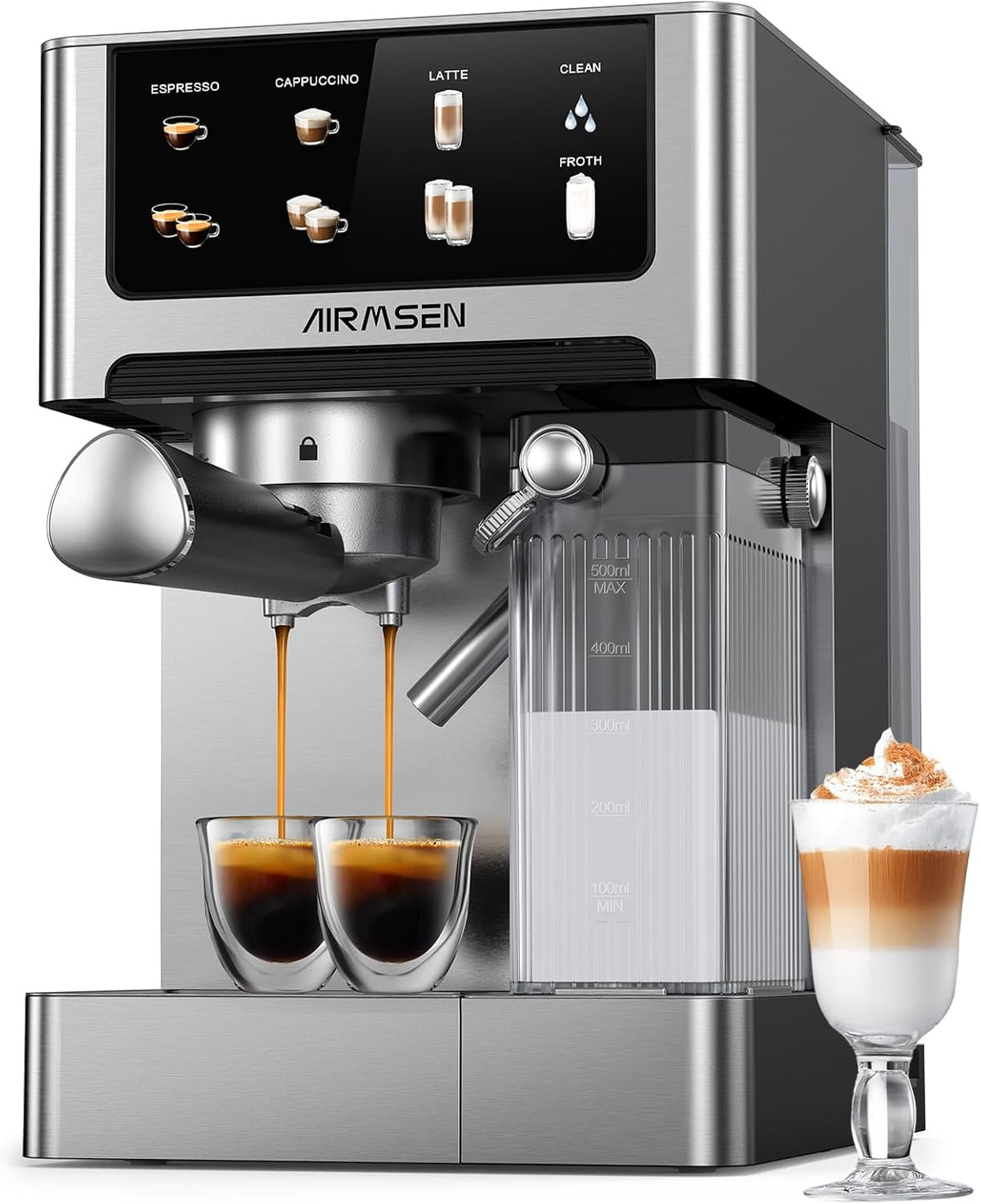 AIRMSEN Machine à café espresso 20 bar - Cafetière cappuccino latte avec double chaudière 1350 W - Réservoir d'eau amovible 1,8 L et écran tactile