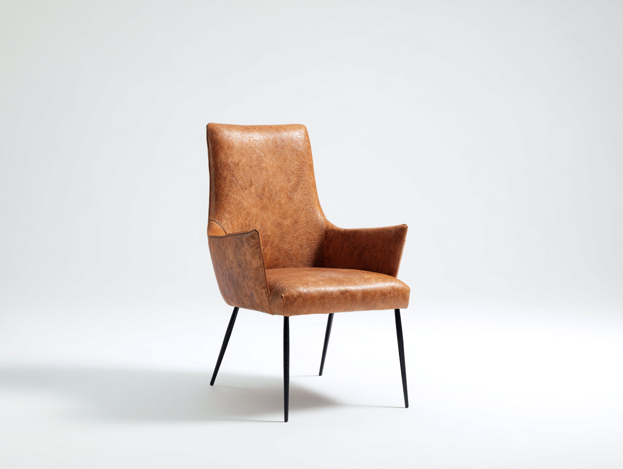 Chaise de salle à manger avec accoudoirs - Simili cuir-Métal - 58x64x92 cm - Marron clair-Noir - Style contemporain