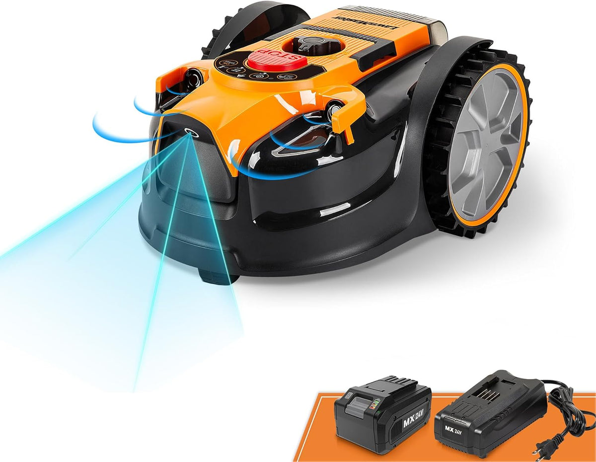 Lawnmaster OcuMow - Robot tondeuse sans câble périphérique - Noir orange argent pour gazon jusqu'à 150 m2 - Évitement obstacles fonctionnement automatique et faible bruit