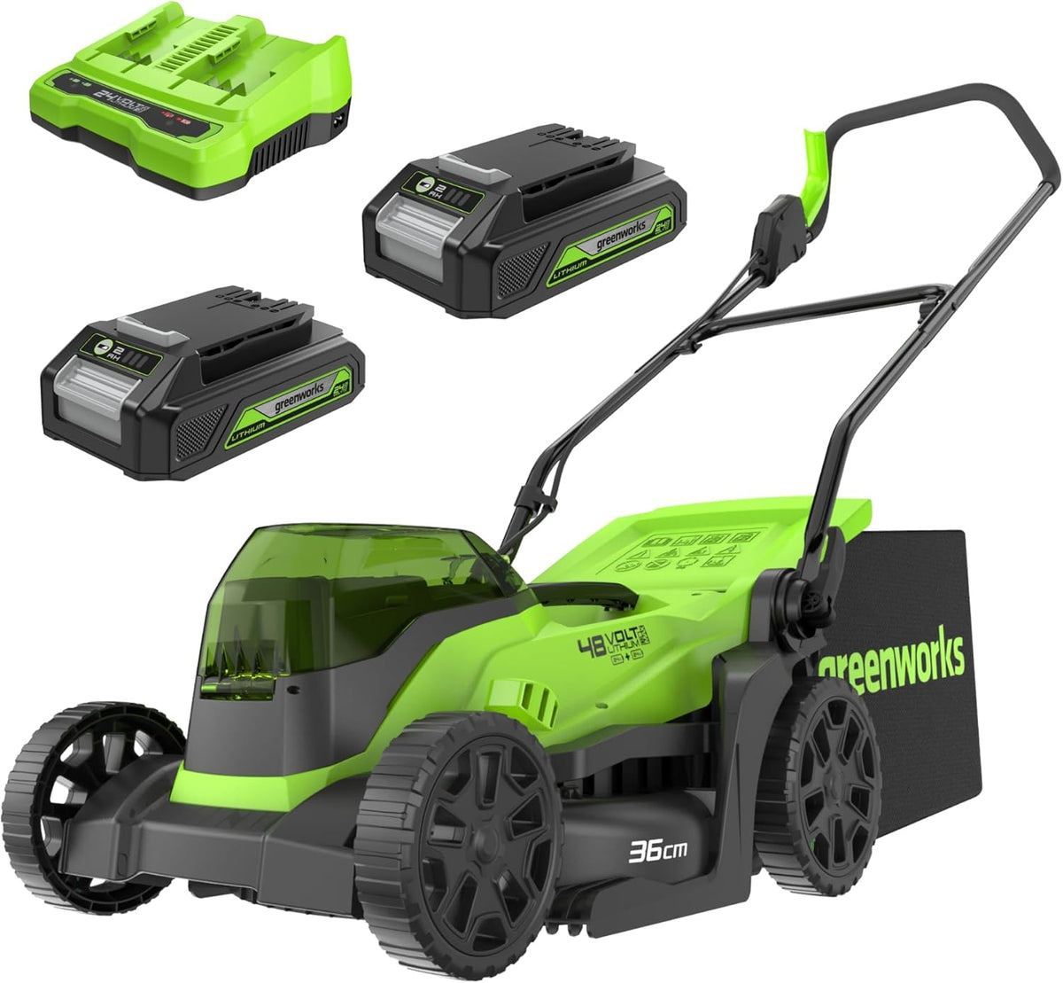 Greenworks 48V GD24X2LM36K2x Tondeuse sans fil 36cm - Deux batteries 2Ah avec double chargeur - Bac 40L