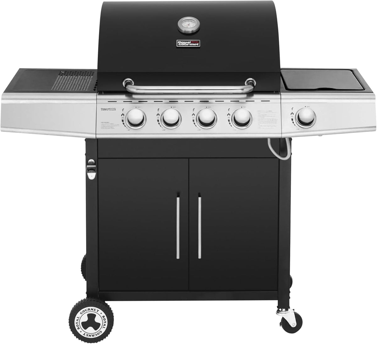 Royal Gourmet Barbecue à gaz 4 plus 1 brûleurs - Gril en acier inoxydable puissance 14,5 kW - Noir 57 x 122 x 112 cm avec 2 portes - Thermomètre tablettes et roues