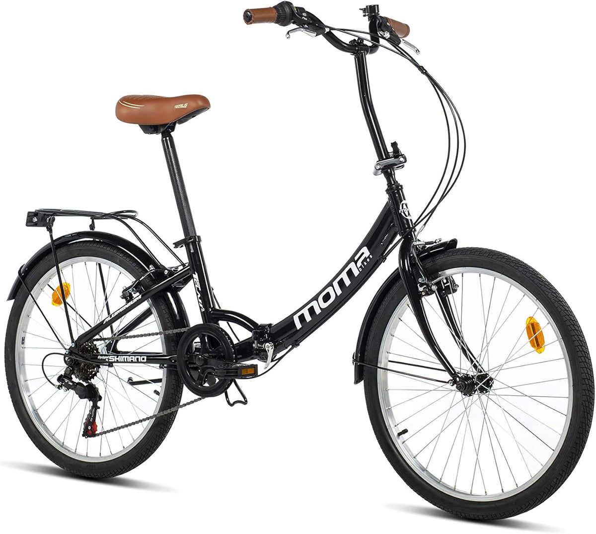 Moma Bikes Top Class - Vélo de ville pliant adulte 24 pouces aluminium - Noir 6 vitesses - Selle confort réglable et porte bagage