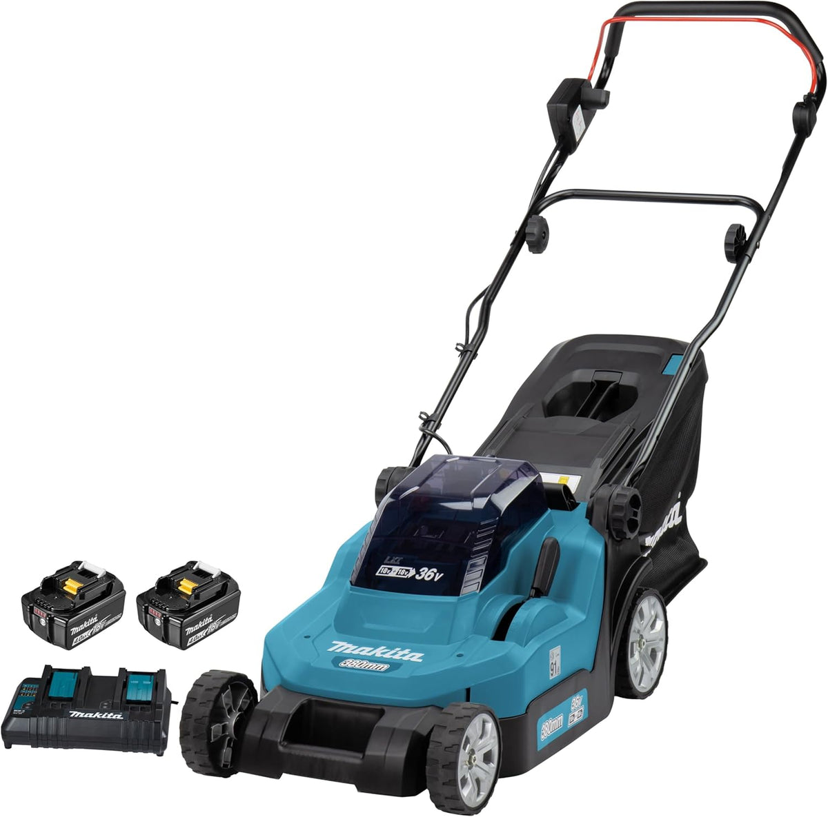 Makita DLM382PF4 - Tondeuse à gazon sans fil 36 V puissance 900 W - Couleur pétrole largeur de coupe 38 cm poids 16,9 kg - 4 batteries 3 Ah pour entretien du jardin