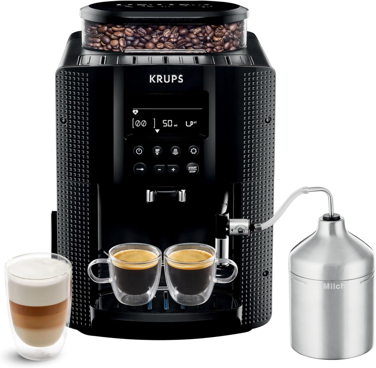 Krups Essential EA816031 - Machine expresso automatique à grains noire et inox - Réservoir 1,8 L écran LCD et 2 tasses simultanées - Buse vapeur pot à lait inox et nettoyage automatique