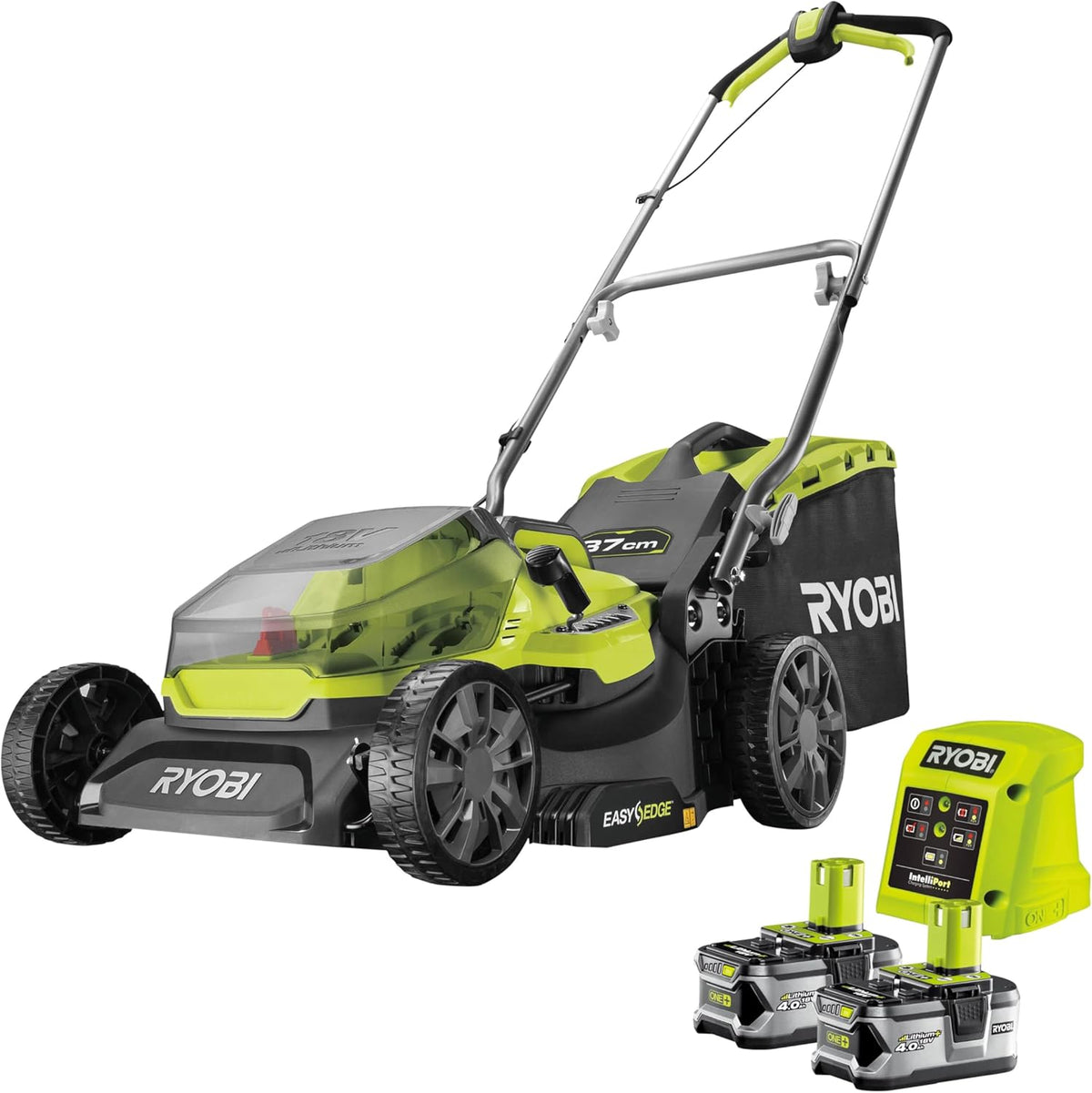 RYOBI RY18LMX40A 240 - Tondeuse sans fil ONE Plus Brushless 18 V largeur 37 cm - Verte métal plastique - 2 batteries 4 Ah hauteur réglable jusqu'à 70 mm