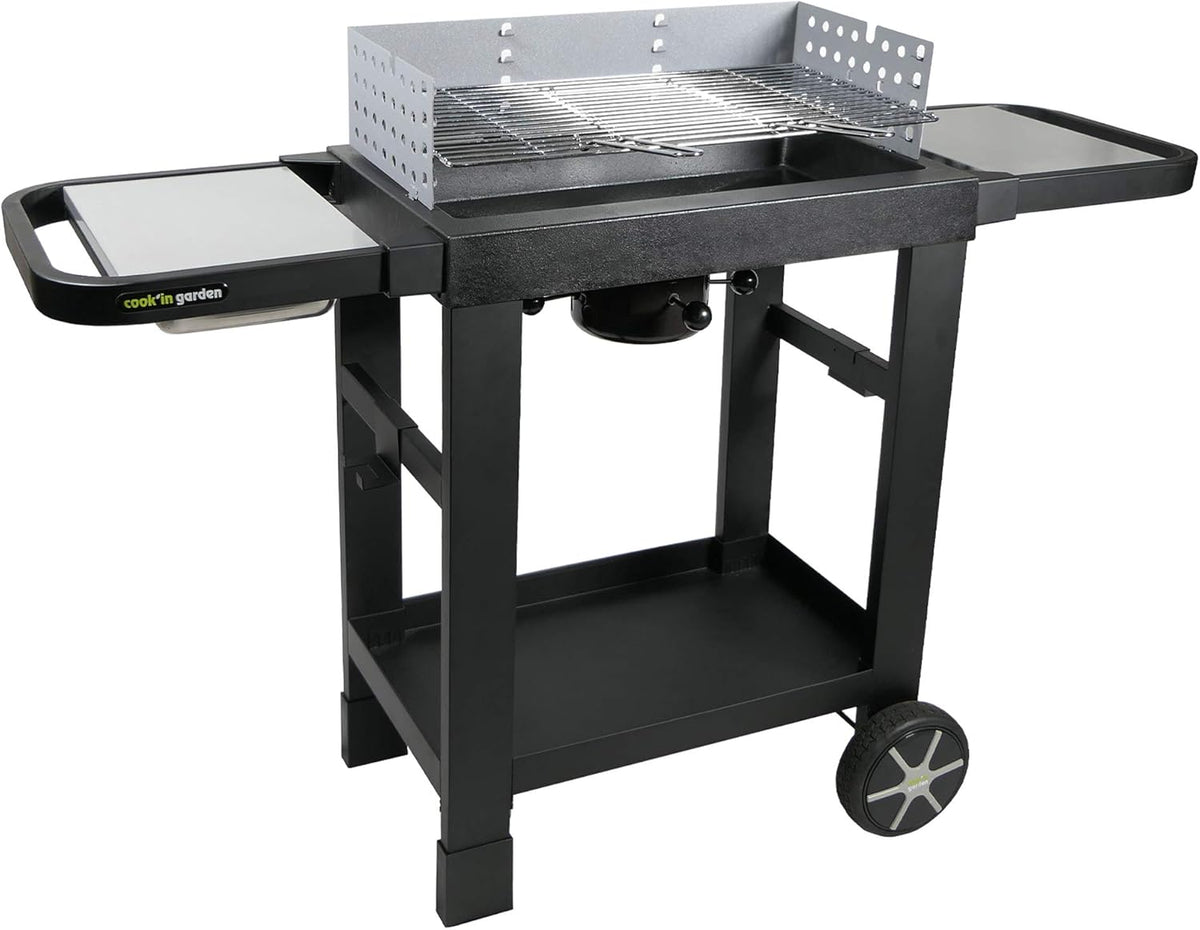 Cook in Garden Easy 60 - Barbecue au charbon de bois avec cuve en fonte - Noir et inox 134 x 48 x 96 cm - Montage rapide roues renforcées et tablettes latérales