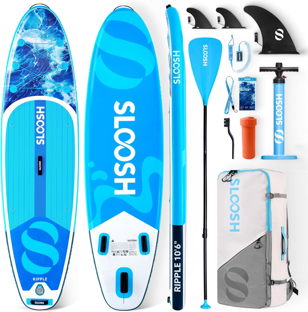 SLOOSH Ripple - Paddle gonflable PVC bleu 320 x 84 cm - Pour débutants et intermédiaires charge maximale 300 livres - Pont EVA pagaie pompe et sac ultraléger