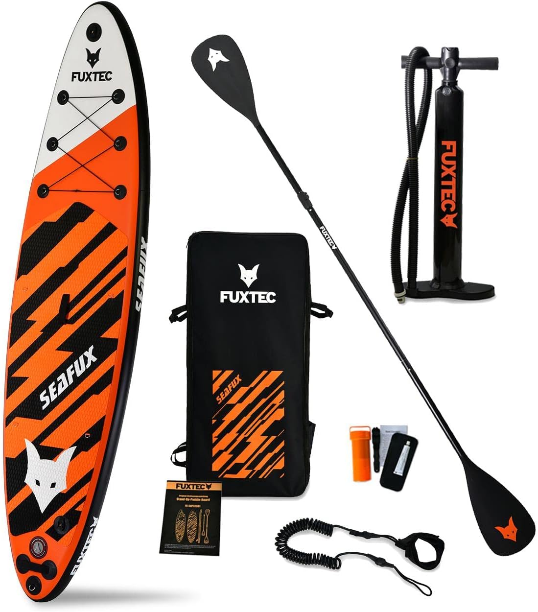 Fuxtec Sea Cruiser - Stand Up Paddle gonflable orange blanc et noir 320 x 81 x 15 cm - Charge maximale 150 kg - 3 ailerons et sac à dos inclus