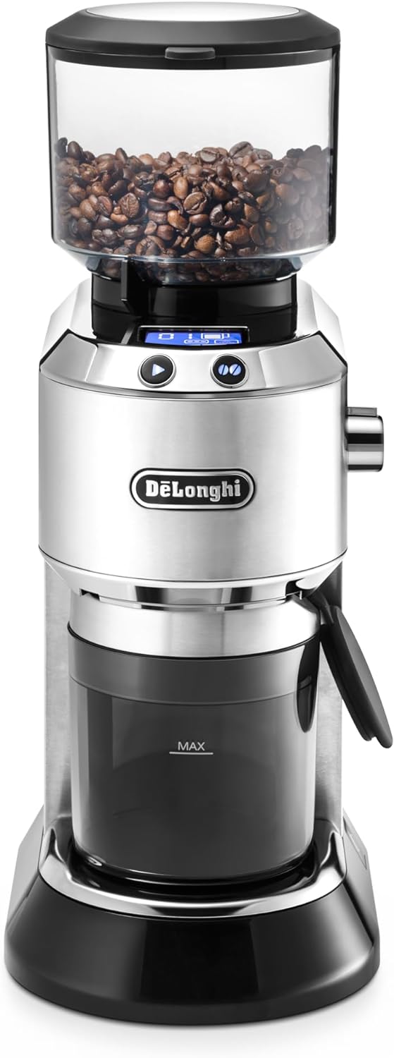 De Longhi Dedica KG 521.M - Moulin à café électrique 150 W en acier inoxydable argenté - Écran LCD 2,1 pouces et meules coniques - Mouture réglable pour espresso filtre et piston