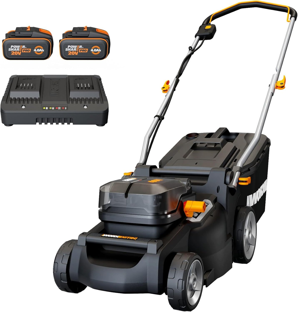 WORX WG737E - Tondeuse à gazon sans fil 40 V largeur 37 cm - Noir et orange pour surface jusqu'à 600 m2 - Sac 40 L 6 hauteurs et 2 batteries 4 Ah