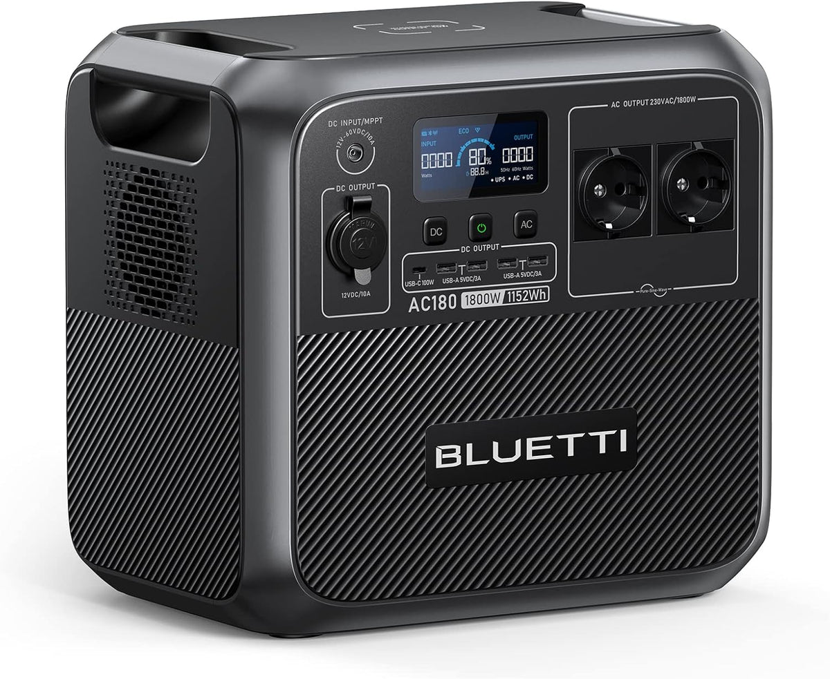 BLUETTI AC180 Station électrique portable 1152Wh - Batterie LiFePO4 générateur solaire 1800W avec charge rapide - Alimentation camping maison et véhicule