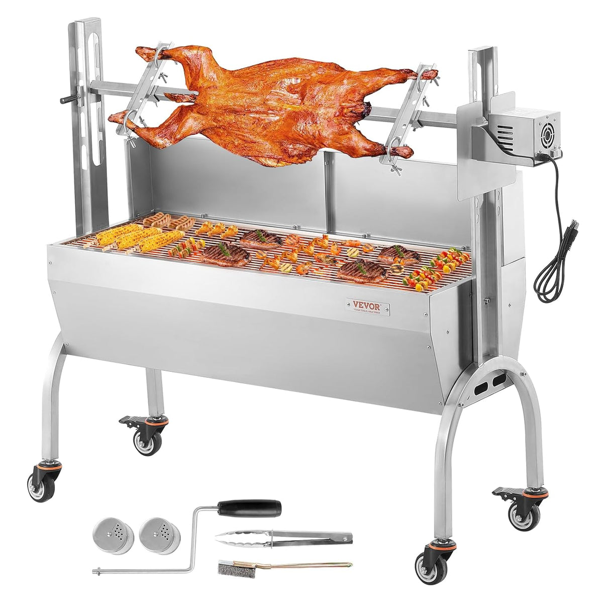VEVOR Barbecue à charbon avec tournebroche électrique - Rôtissoire inox 118,5 cm moteur 52 W charge 90 kg - Argent 131 x 43,5 x 115,8 cm - Hauteur réglable et roues verrouillables