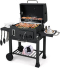 KOMFOTTEU Barbecue à charbon extérieur - Grille métal avec réservoir charbon 6 compartiments - Barbecue noir avec 2 tables rabattables roulettes et thermomètre