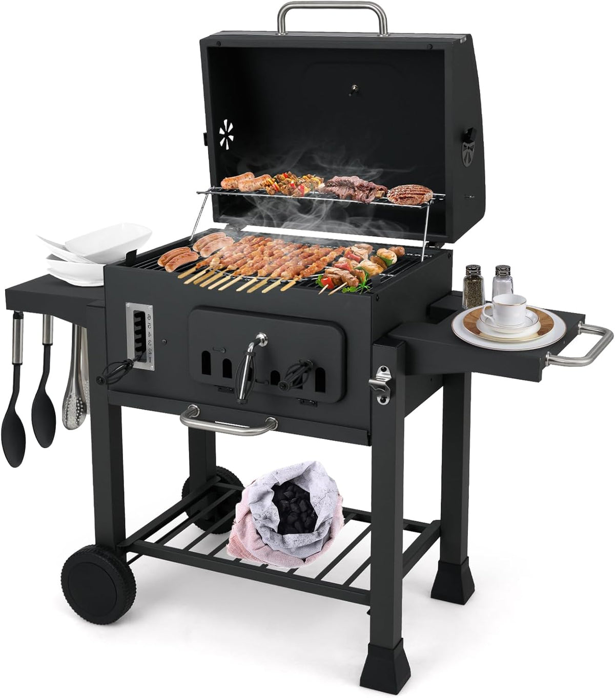 KOMFOTTEU Barbecue à charbon extérieur - Grille métal avec réservoir charbon 6 compartiments - Barbecue noir avec 2 tables rabattables roulettes et thermomètre