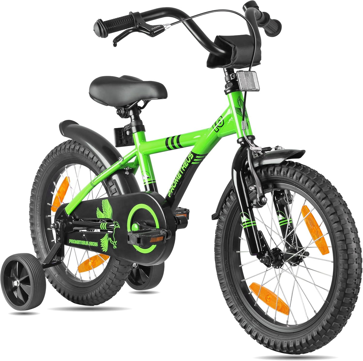 PROMETHEUS BICYCLES - Vélo BMX enfant 16 pouces cadre acier - Vert et noir 1 vitesse pour 4 à 5 ans - Frein rétropédalage stabilisateurs et sonnette
