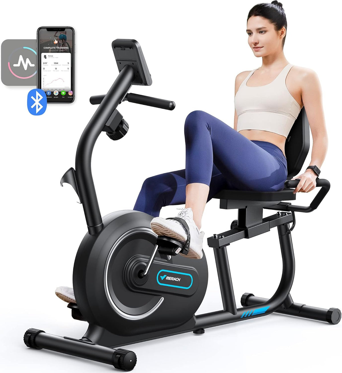 MERACH Vélo couché magnétique - Vélo d'appartement noir avec 8 niveaux de résistance - Acier inoxydable charge maximale 136 kg - Écran LCD et fréquence cardiaque
